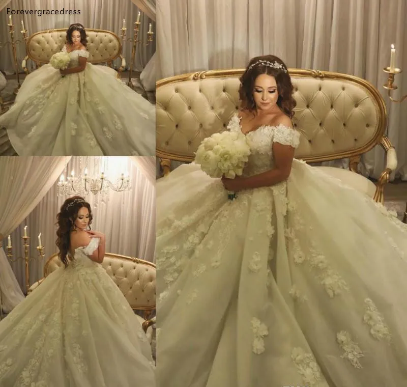 

2019 Arabic Off Shoulder Wedding Dress Exquisite Ball Gown Long Lace Appliques Church Formal Bride Bridal Gown Plus Size
