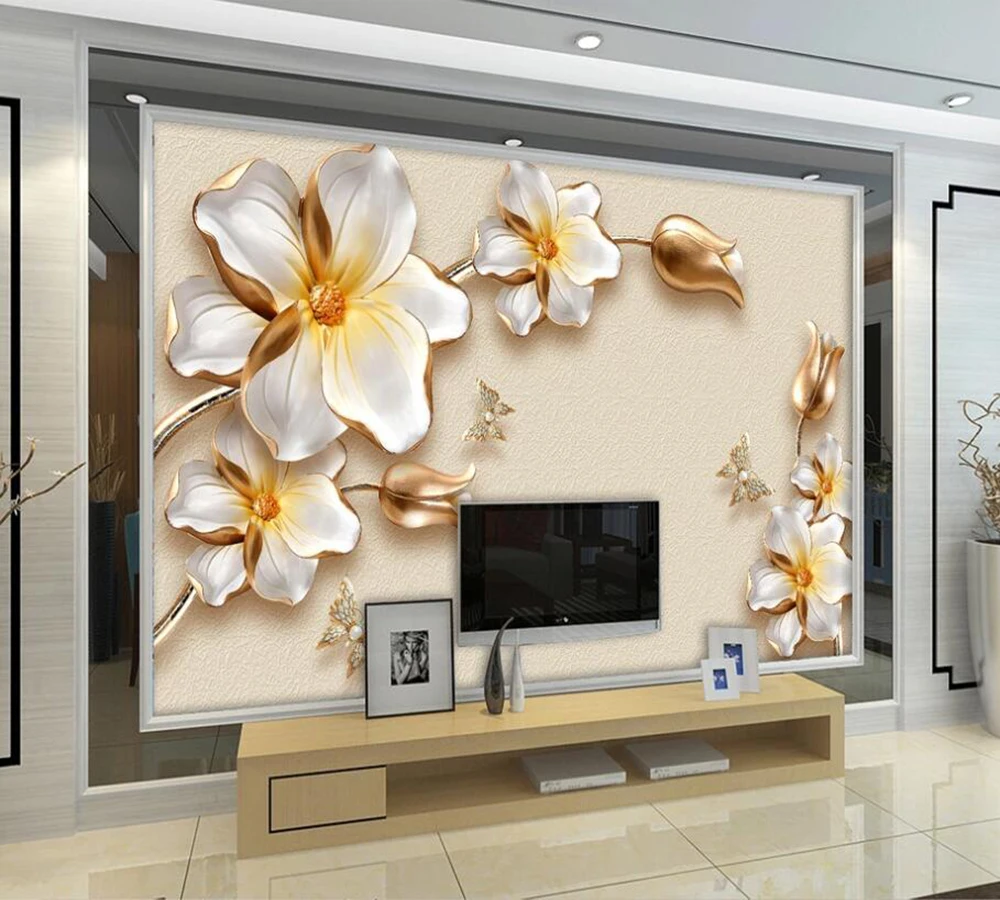 

Drop Shipping Custom Size Mural Wallpaper 3D Luxury Gold Flower Jewelry TV Background Wall Decoration Mural Wallpaper