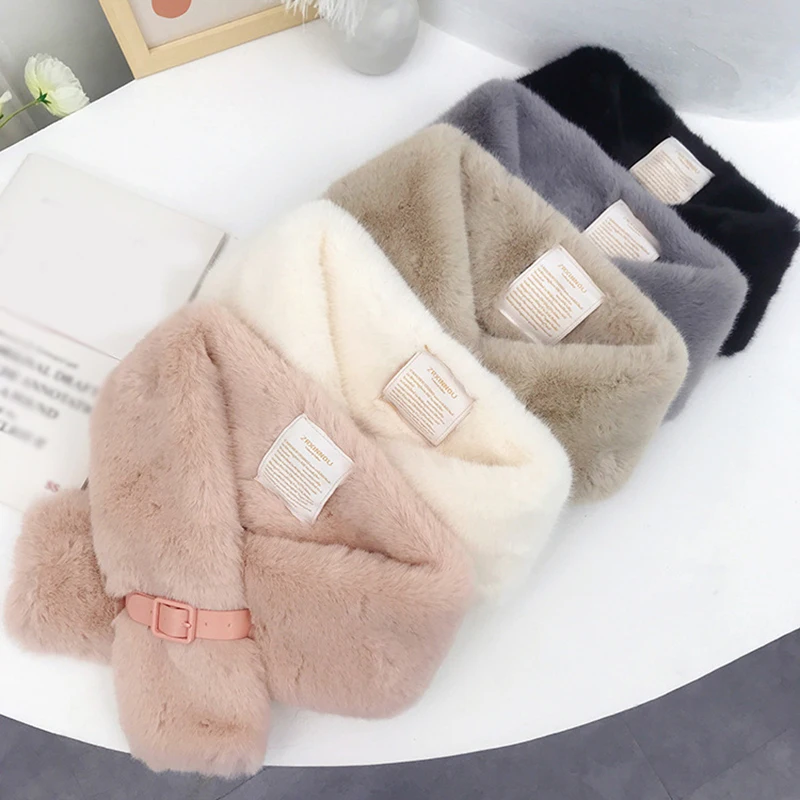 

Bib Belt Buckle Cross Scarves Neck Warmer Faux Fur Collar Cape Shawls Imitated Fur Scarf Plush Snood Scarf Solid Color