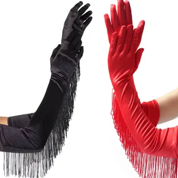 

Fashion Tassels Long Satin Gloves Women Opera Evening Party Costume Gloves Dance Performance Mittens 3 Colors Black White Red