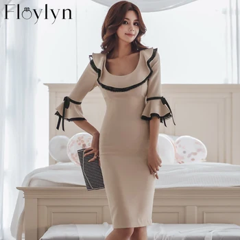

FLOYLYN Sexy O-neck Flare Sleeve Pencil Dress Women 2020 Spring Sheath Bodycon V-neck Dresses Work Wear Business OL Vestidos