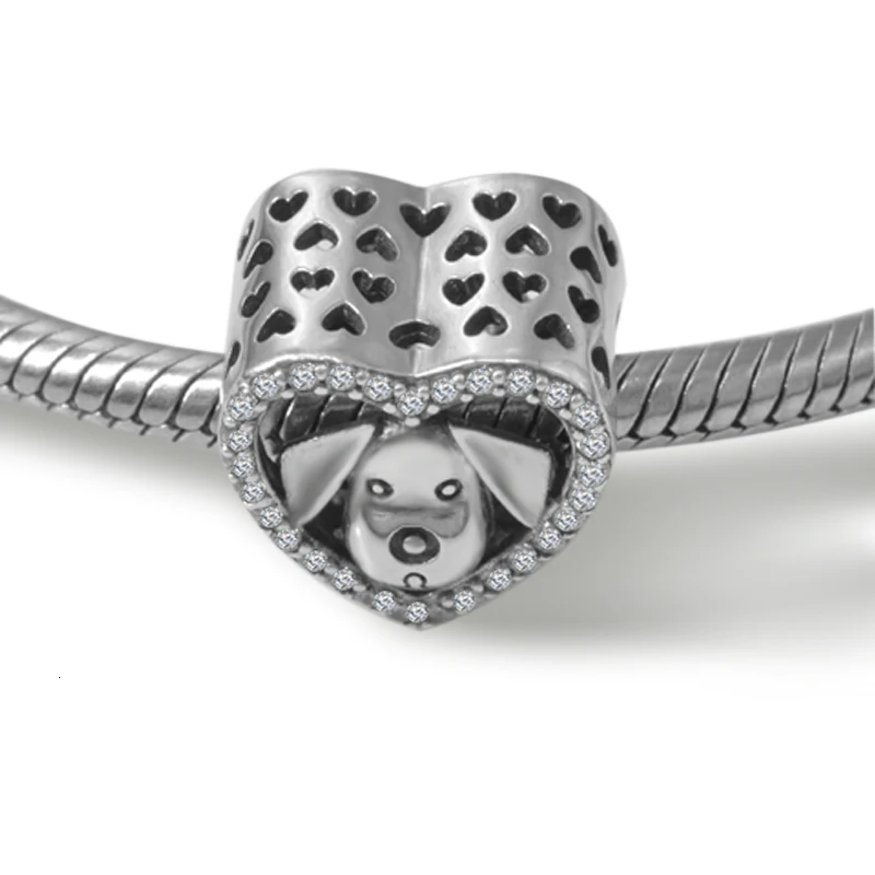 StrollGirl 925 пробы серебряные бусины в форме сердца с животными собаками Гламурные камни для женских браслетов Пандора модные украшения