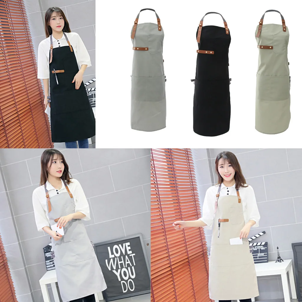 Men Women Chef Canvas Apron Bib Multi Pockets Cafe Kitchen Cooking Painting Work Apron