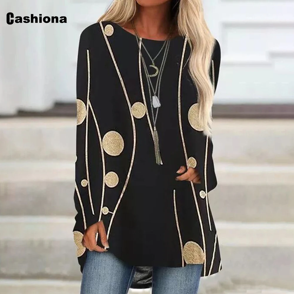 Plus size 4xl 5xl Women Dot Stripe Printed Top Lady Elegant Leisure Casual Long T-shirt Autumn Round Neck Loose Tees Shirt Femme