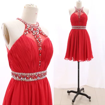 

MACloth Red Short Halter Knee-Length Short Crystal Chiffon Prom Dresses Dress XS 266164 Clearance