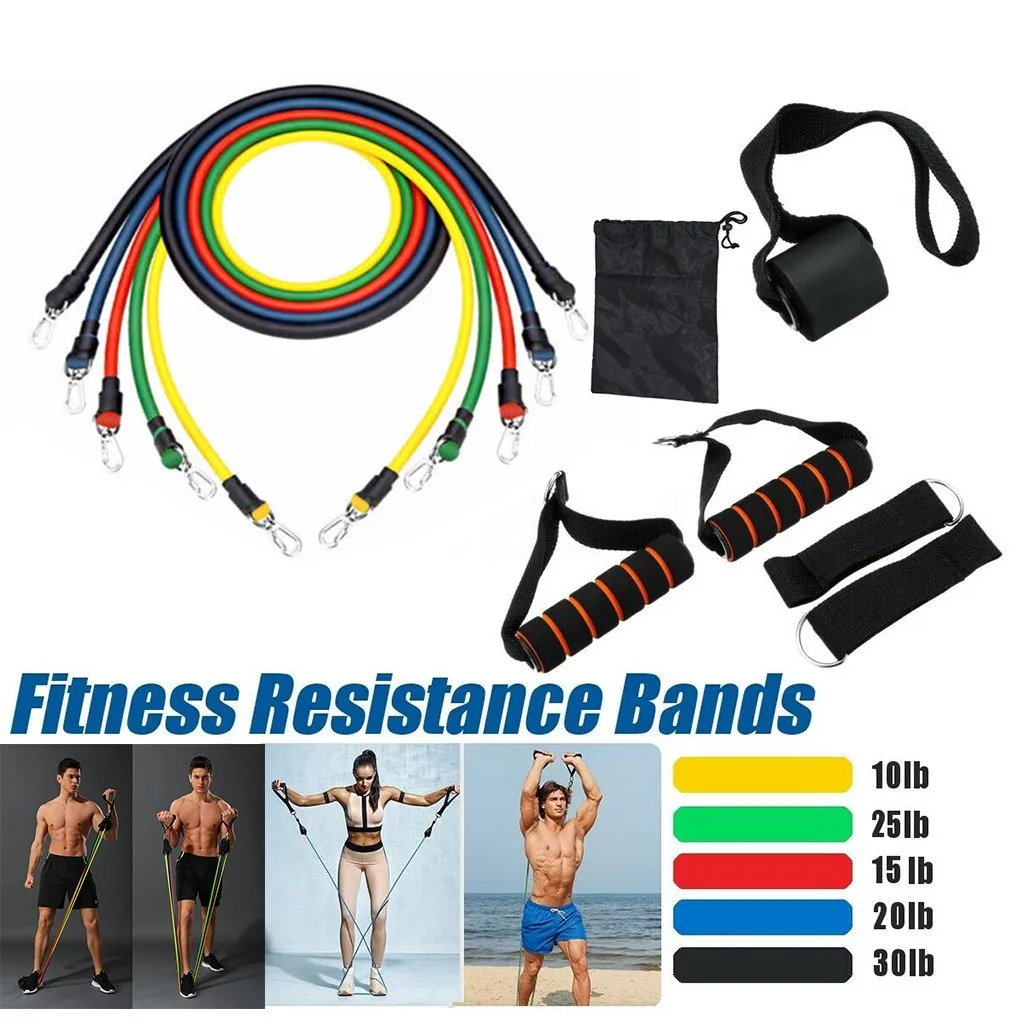 Resistance Bands Workout Exercise Yoga 11Pcs Set Training Tubes plastic clip 