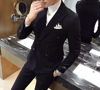 

2020 new Men's suit suit two-piece double-breasted slim small suit hair stylist fashion simple casual suit sets