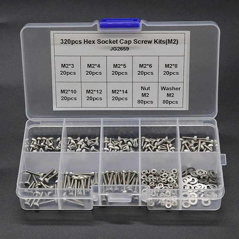 M2/M2.5/M3 304 Stainless Steel Hexagon Socket Head Cap Screws Bicycle Hex Bolts and Washers Assortment Kit 320Pcs/set