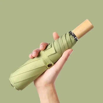 

New Style Three Folding Umbrella Simple Solid Wood Handle Hipster Japanese Korean Umbrella Logo Printed Words Advertising Umbrel