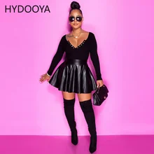 

Casual Sweet Two Piece Dress Sets Women Sexy Deep V-Neck Buttons Up Long Sleeve Ribbed Basic Tops+PU Faux Leather Pleated Skirts