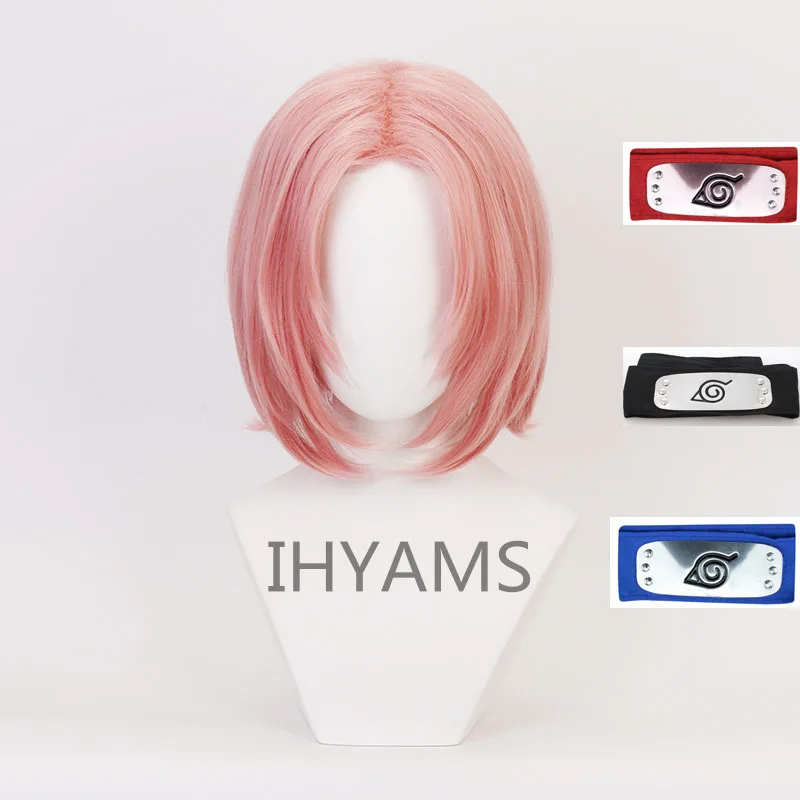 Anime Haruno Sakura Short Pink Styled Heat Resistant Synthetic Hair Cosplay Costume Wig + Headband Free Cap |