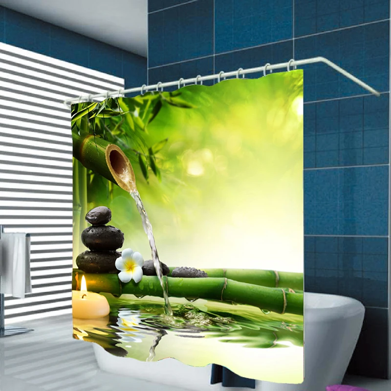Steen Groene Bamboe Gedrukt Douchegordijn Bloem Bad Gordijn Polyester Waterdicht 3D Decor
