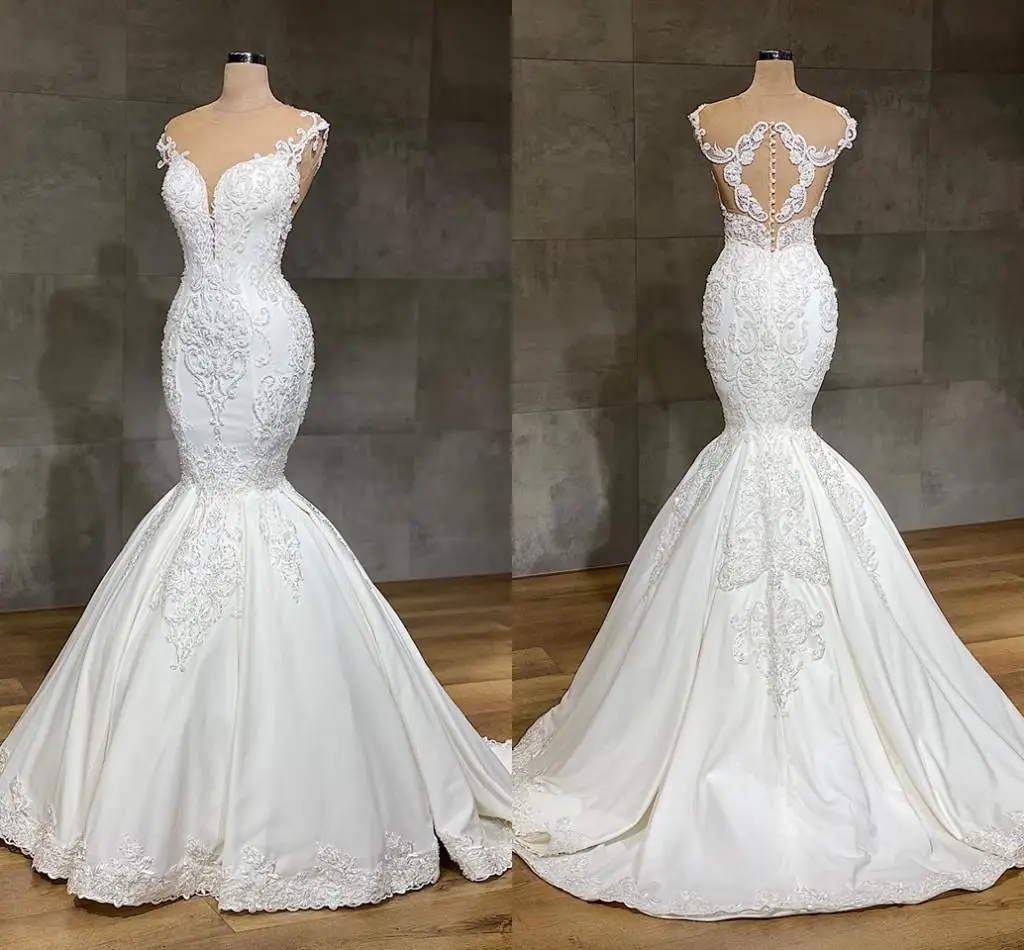 

2020 Luxurious Mermaid Lace Wedding Dresses Jewel Neck Full Lace Appliqued Crystal Long Cathedral Train Wedding Bridal Gowns