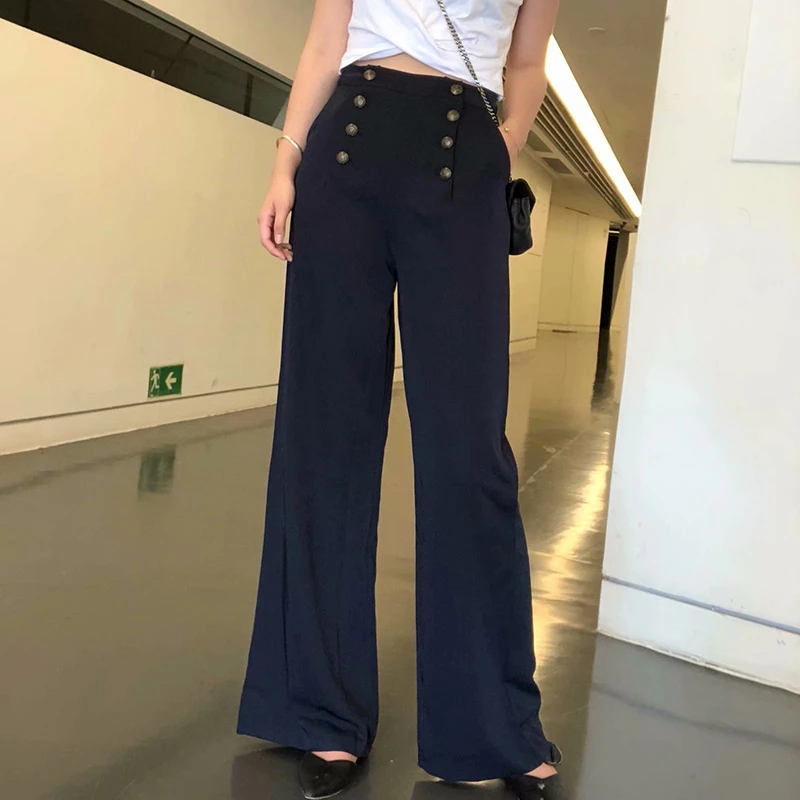 Heydress de verano 2019 de cintura alta elegante doble botones de las mujeres pantalones de pierna ancha suelto moda highstreet pantalones de marinero bikini|Pantalones y capri| - AliExpress
