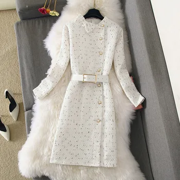 

2019 New Autumn Winter Dress Ladies Small Fragrant Wind Tweed Dress Women Elegant Single Breasted Bottom Party Dress Sexy Mjuer