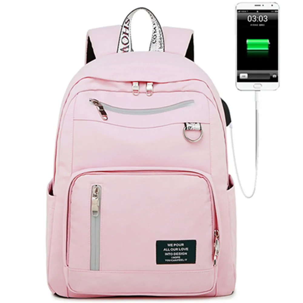 

New Solid Color Printing USB Charging Backpack Waterproof Backpack Female Anti-theft Travel Laptop School Backpack Girl