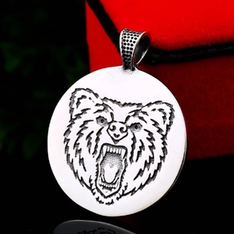 2020 New Retro Style Stainless Steel Bear Paw Round Necklace Men's Fashion Trend Roaring Bear Print Pendant Necklace