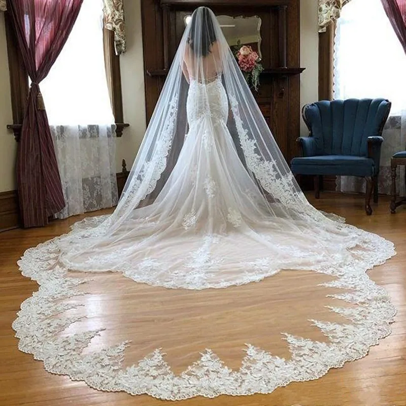 

Gorgeous Wedding Veils 3M Long Chapel Length One Layer Lace Edge Tulle Appliqued Bridal Veil For Women Hair Accessories