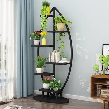 

Floor metal and solid wood board indoor metal plant stand flower rack 6 layers metal shelves flower rack