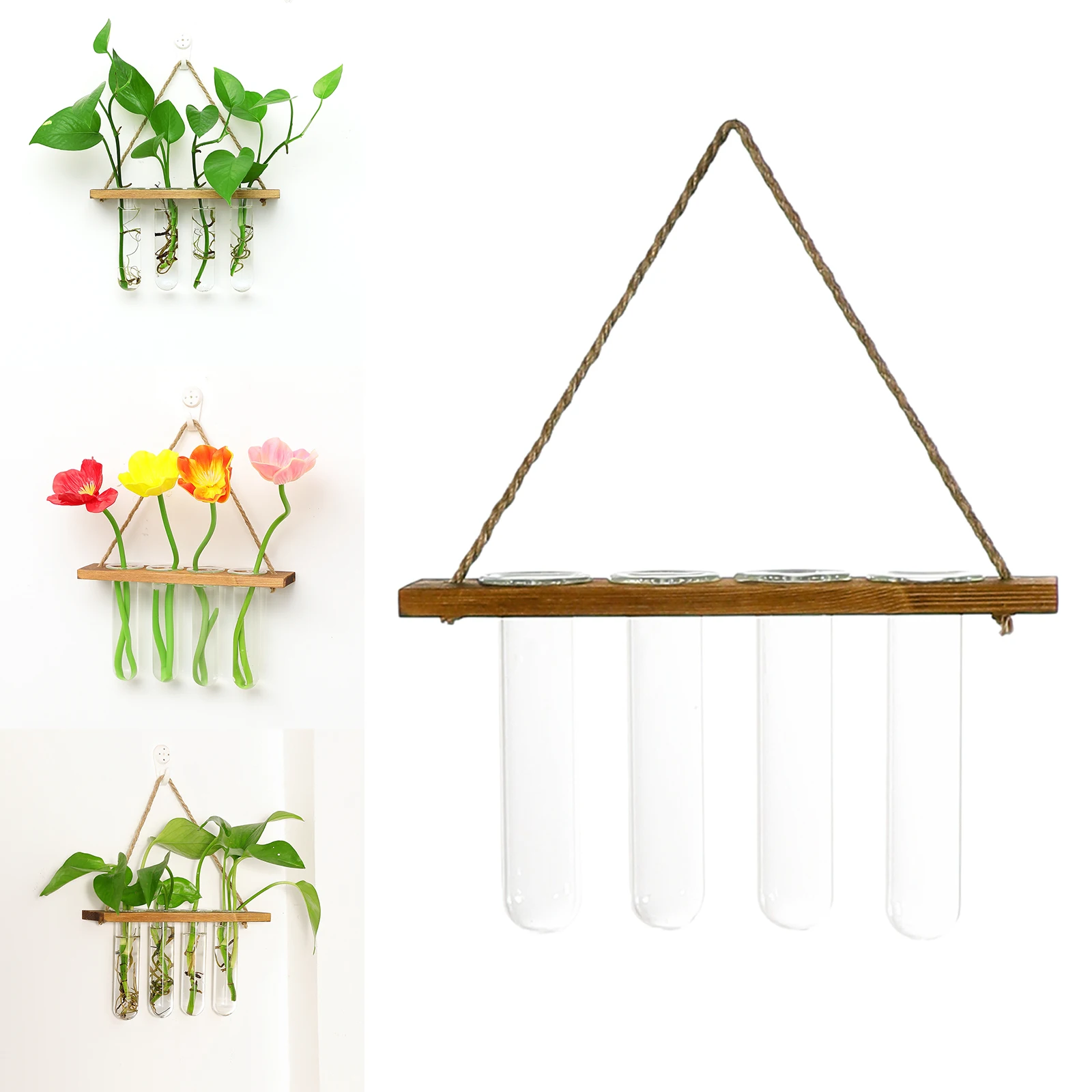 Glass Hanging Planter Terrarium Plants Wood Hanger Test Tube Vase Natural