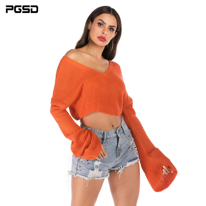 

PGSD Autumn winter Women knitted sweater Solid color sexy short loose Long Horn sleeves casual pullover V-Neck female clothes