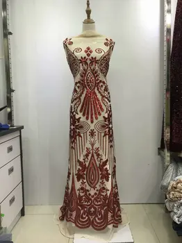 

Wine African Lace Fabric High Quality African Tulle Lace Fabric With Sequins Velvet French Net Lace For Women Dress JL3096