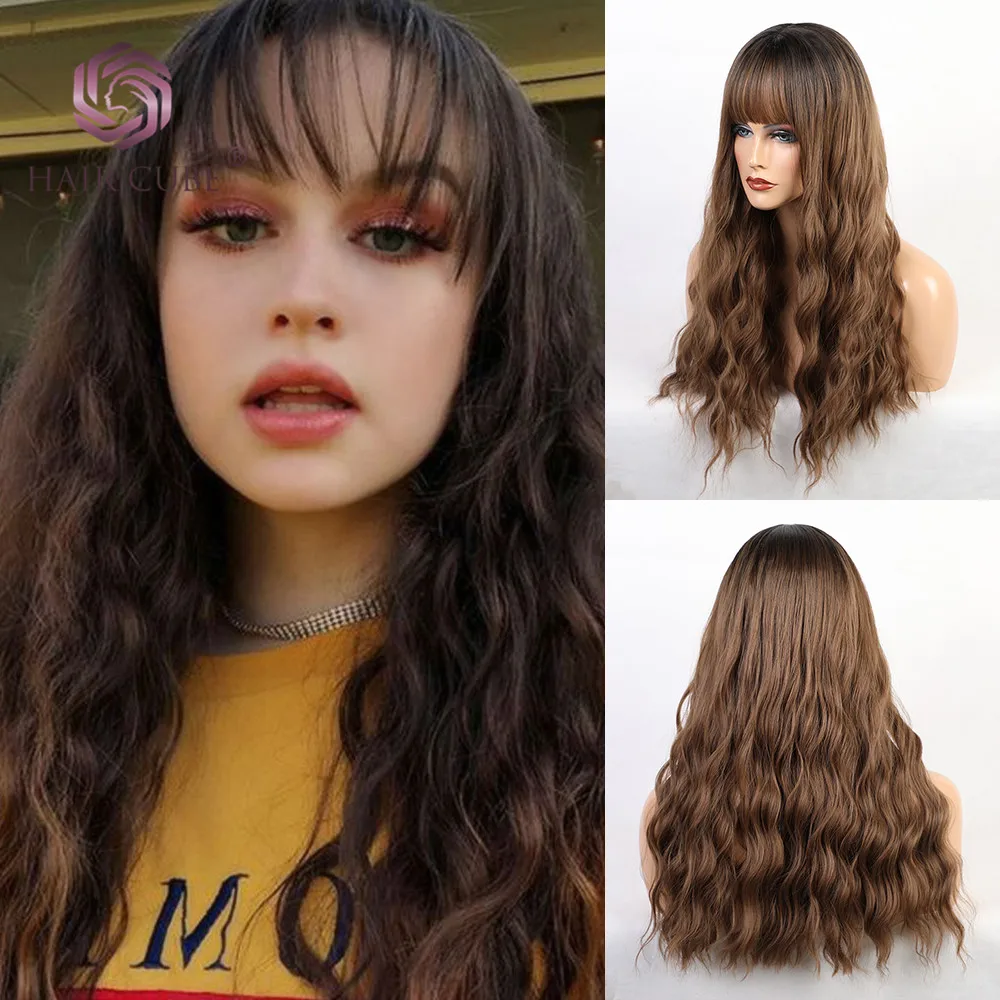 

Haircube Lolita Wig Long Natural Wave Ombre Dark Brown Real Scalp with Bangs Synthetic Half Wigs for Women Free Shipping