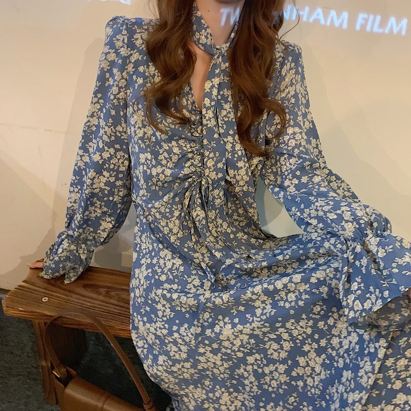 2020 New Autumn Female Chiffon Long Dress Women Long Sleeve Holiday Boho Beach Dress Vintage Floral Print Party Vestidos Robe
