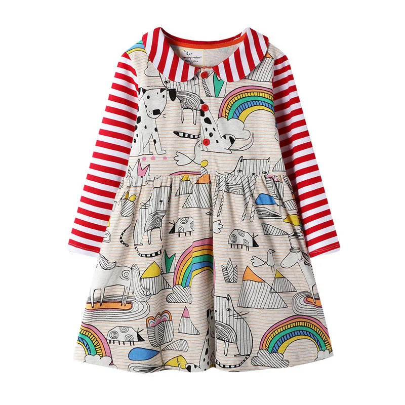 Jumping платья с длинными для маленьких девочек воротник хлопок детская одежда осень весна принцесса Мода Дизайн Дети платья для девочек - Цвет: T7152 Collar Unicorn