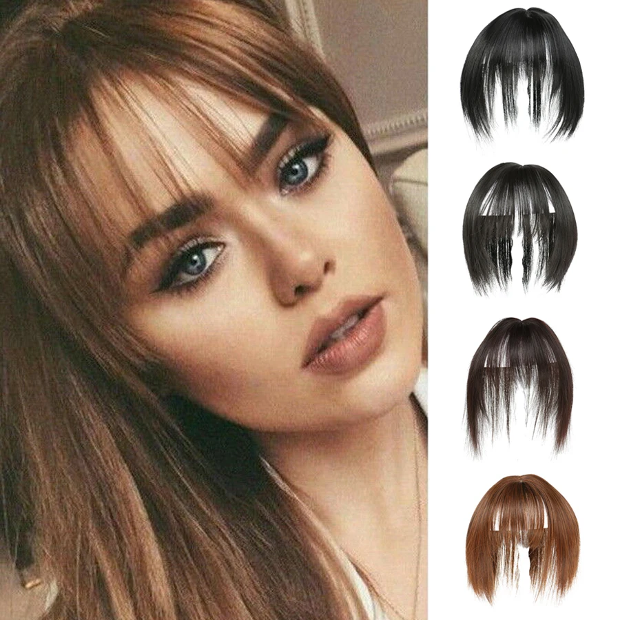 

SHUOHAN 20cm Synthetic Straight Blunt Hair Bangs Hair Extensions Black Brown Air Bangs Heat Resistant High Temperature Fiber