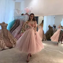 

Pink Sweet Homecoming Dresses Sweetheart Puff Cap Sleeves Tulle Ball Gown Crystals Bows Ankle Length Women Prom Evening Gowns