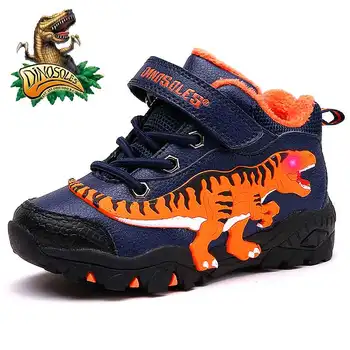 

Dinoskulls Children Boys Winter Shoes Snow Boots T-rex LED Glowing Fashion Leather Sneakers For Kids Warm Fleece Outdoor Shoes