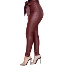 Goocheer, женские леггинсы из искусственной кожи, высокая талия, бант, пояс, для офиса, для девушек, повседневные штаны, элегантные, тянущиеся, узкие брюки