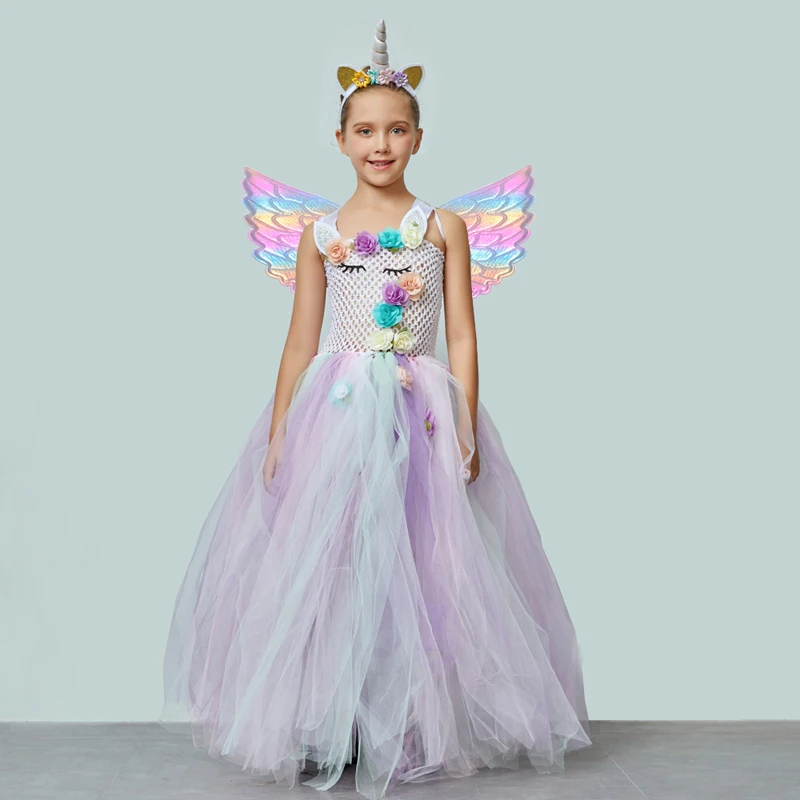 Girls Pastel Unicorn Flower Tutu Dress Princess Kids Pageant Party Tutu Dress with Headband wings Children Tulle Dress Ball Gown (3)