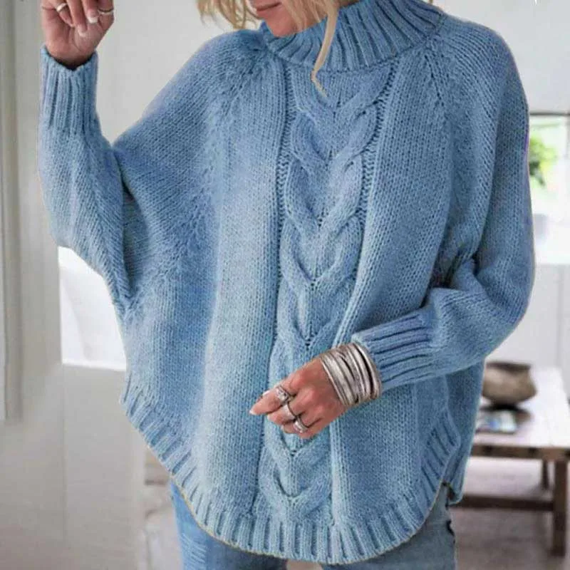 Повседневный свитер с высоким воротом, женские зимние вязаные пуловеры с рукавами-«фонариками», короткий черно-белый вязаный однотонный джемпер для женщин - Цвет: blue