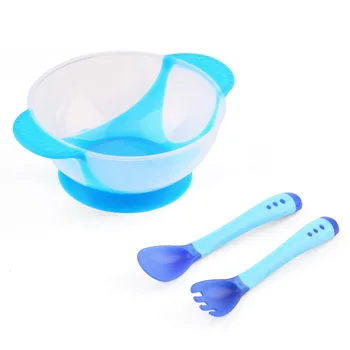 

Baby Infants feeding Bowl With Sucker and Temperature Sensing Suction Cup Bowl Slip-resistant Tableware Set-blue