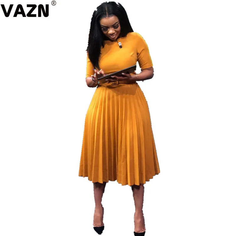 VAZN Autumn Red Yellow Party O-neck Streetwear A-line Club Sexy Slim Young Dress Elegant Short Sleeve dress Lady Dress