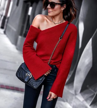 

Fashion Autumn Top Pullover Women's Jumper Strapless Shoulder Elegant Solid Female Knitted Sweaters Winter Clothes Women