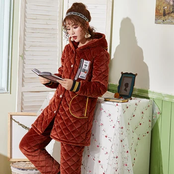 

Winter Thick Warm Women Hooded Pajamas Long Sleeve Female Clip Cotton Pajama Set Casual Soft Pijamas Mujer Sleepwear Homewear