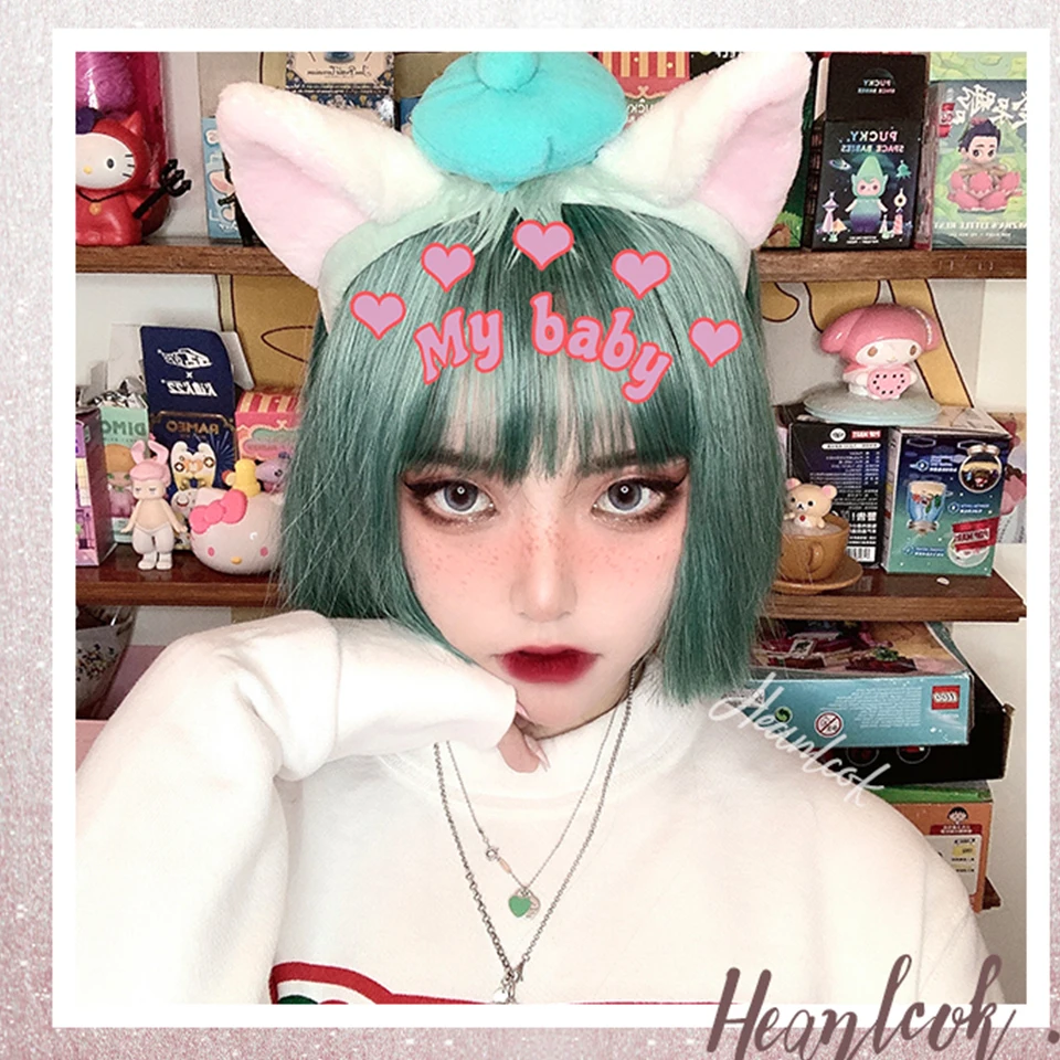 

HOIUYAN Lolita short hair bob wig green blue pink Halloween ladies with bangs wig synthetic high temperature fiber