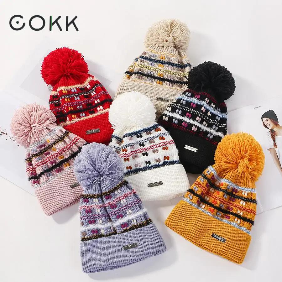 

COKK Women Winter Knit Slouchy Beanies Hat Warm Skull Ski Cap Pompom Ball Hats For Lady Girls Beanie Hat Female
