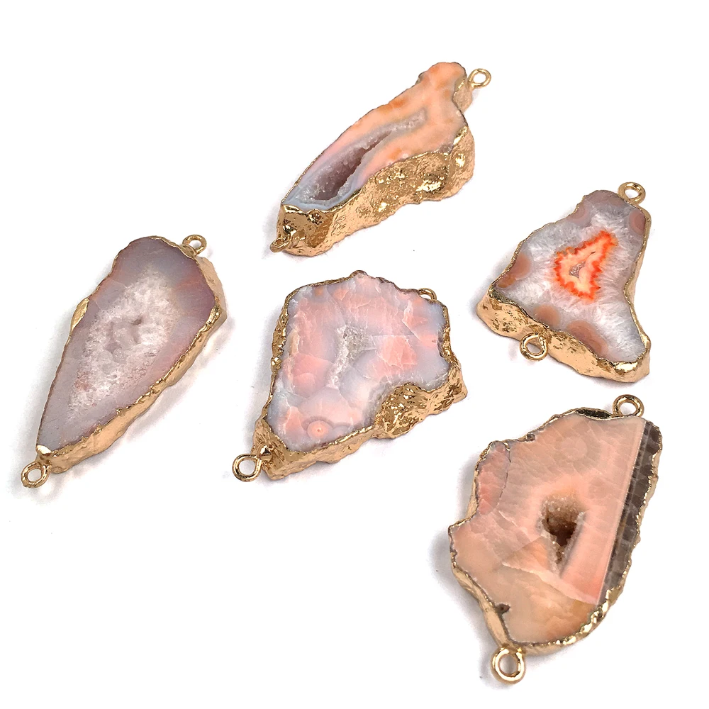 

1PC Irregular Agates Connector Pendant Pink Double Hole Charm for Jewelry Making DIY Bracelet Necklace Accessories 18x30-20x45mm
