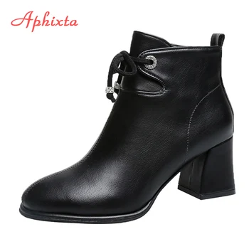 

Aphixta 6cm High Heels Women Ankle Boots Bowknot Zipper Ladies Warm Footwear Winter Shoes Elegant Women Square Heels Shoes Woman