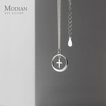 

Modian New Fashion Mini Cross Geometric Round 925 Sterling Silver Pendant for Women Link Chain Adjustable Necklace Fine Jewelry