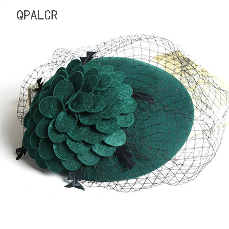 

QPALCR High Quality Elegant Wool Felt Women Hat Veil Vintage Fedoras Mesh Wedding Party Church Hats Winter Banquet Female Berets
