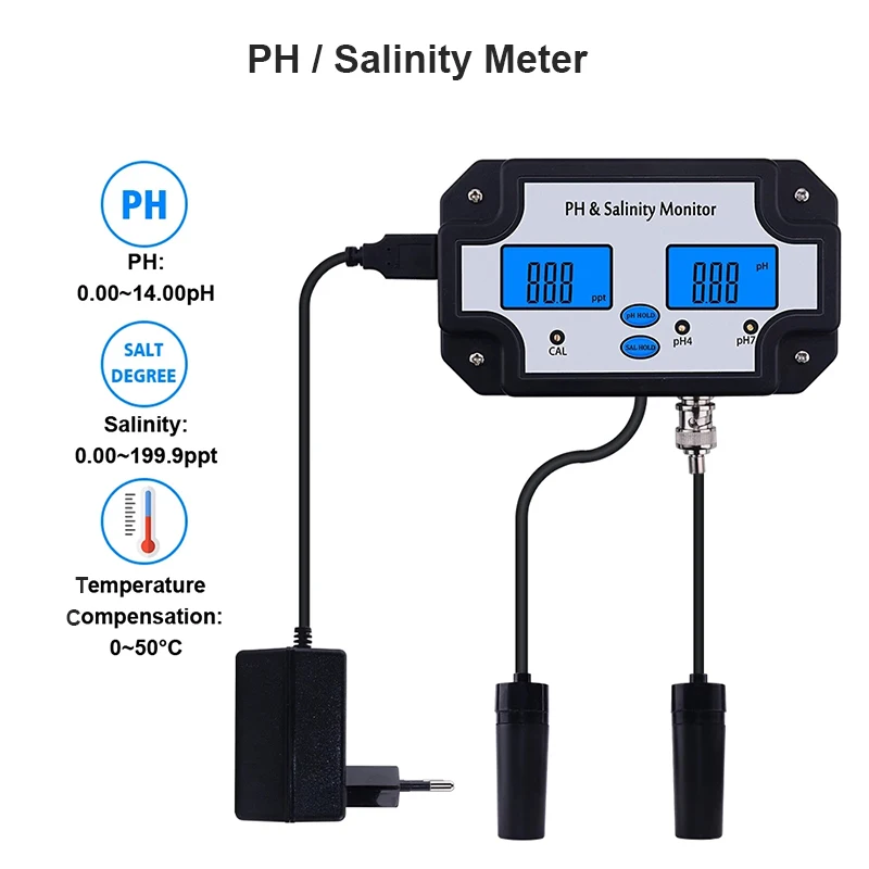 

Digital 2 in 1 PH Salinity Meter Monitor Seawater Aquarium Salt Content Measure Replaceable BNC Type Probe Acidimeter Salimeter