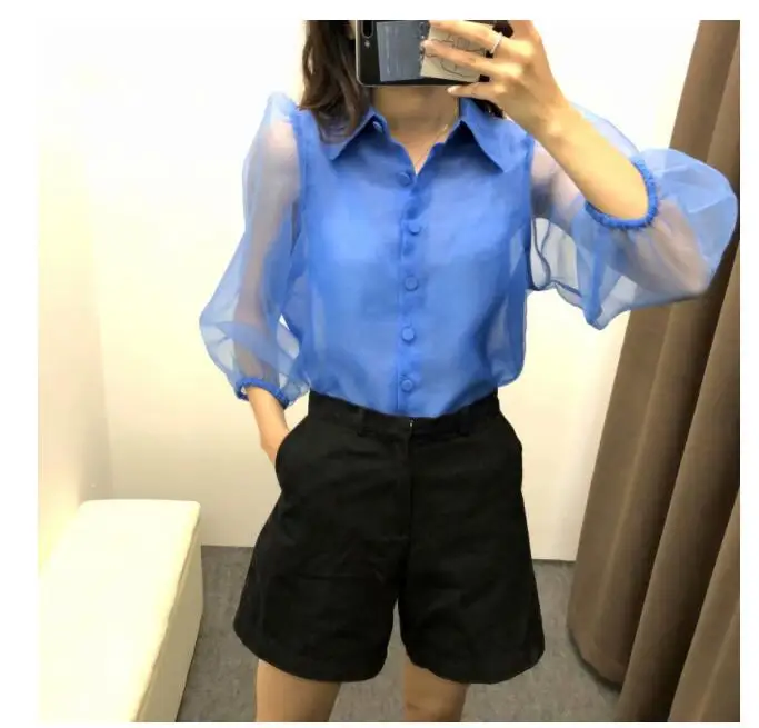 

2019 Women fashion Blue Color transparent organza Mesh blouse women lantern sleeve Sexy Elegant shirt femininas chic blusas top
