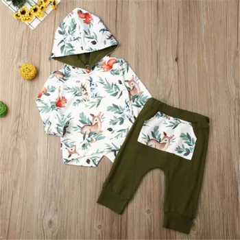 

Newborn Active Clothes Set Deer Print Hooded Sweatshirt Tops Army Green Trousers Baby Girls Outfits Tracksuits For Boys Clothing