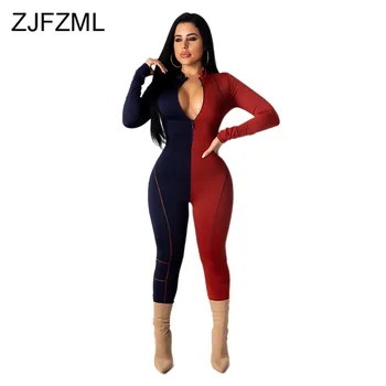 

Striped Splice Sexy Rompers Womens Jumpsuit Deep V Neck Full Sleeve Club Party Overall Casual Color Block Zipper Pencil Bodysuit