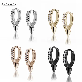 

ANDYWEN 925 Sterling Silver 9MM Middle Spike Hoops Huggie Women Earring Clips Crystal CZ Zircon Loops Ring Circle Jewelry